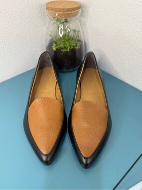 Everlane The Modern Point Two-Tone Leather Flats in Black & Tan NIB